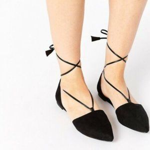 ASOS 'Lift Off' Pointed Black Lace Up Flats | 10